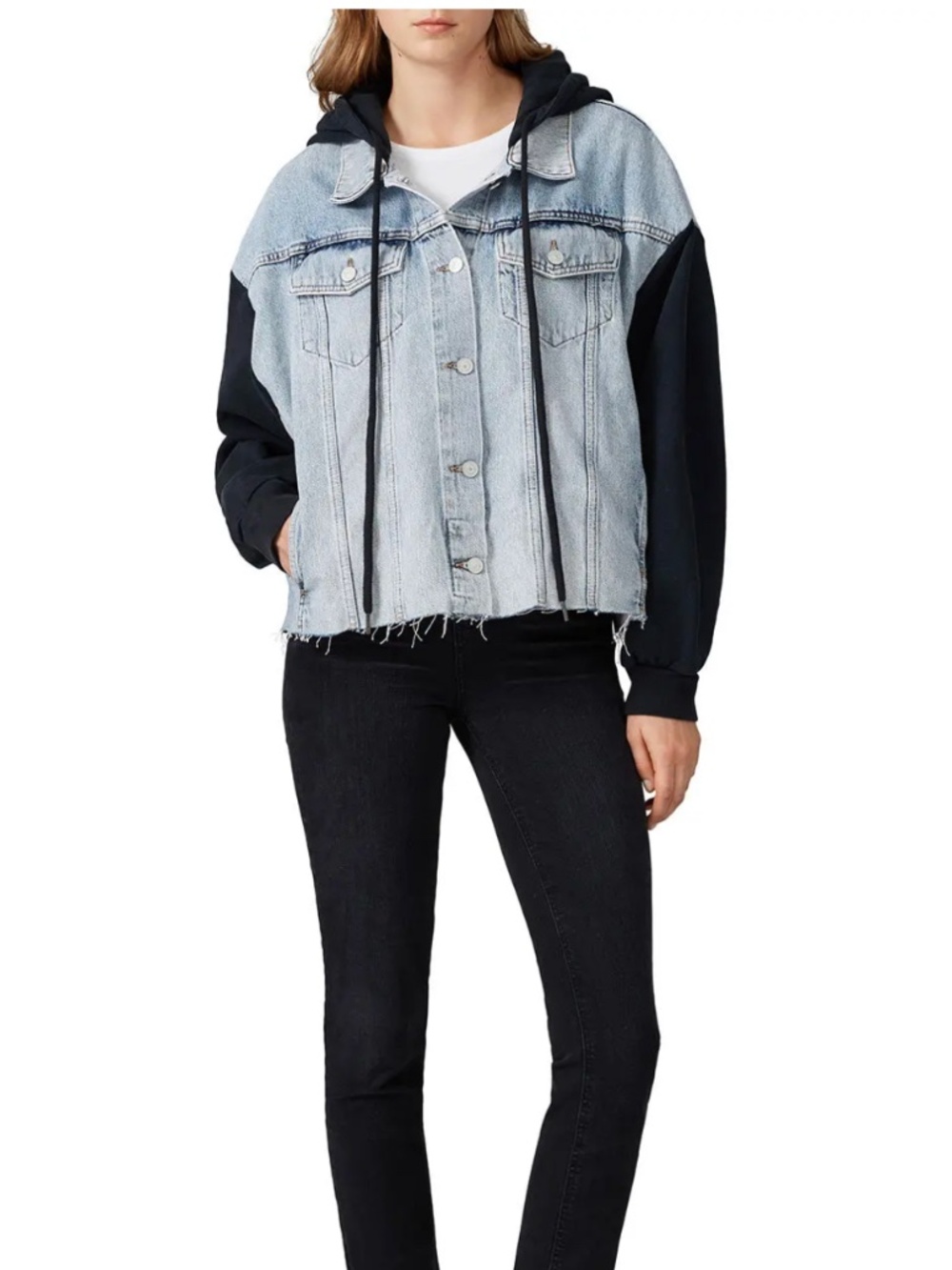 ALLSAINTS Milena Mixed Media Hooded Denim Jacket
